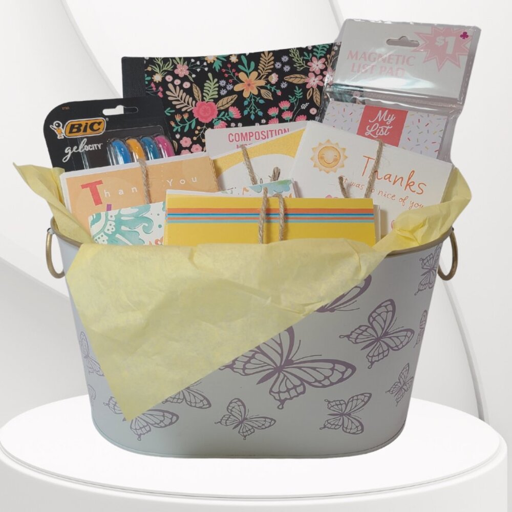 Butterfly Tin Gift Set – 87 Piece Bundle – Thank You Cards, Pens, Notebook, etc